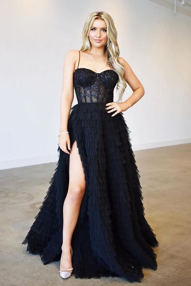 Schwarzes Meerjungfrau Abendkleid mit Spaghettiträgern und Spitzenapplikationen PD0916 Lunass