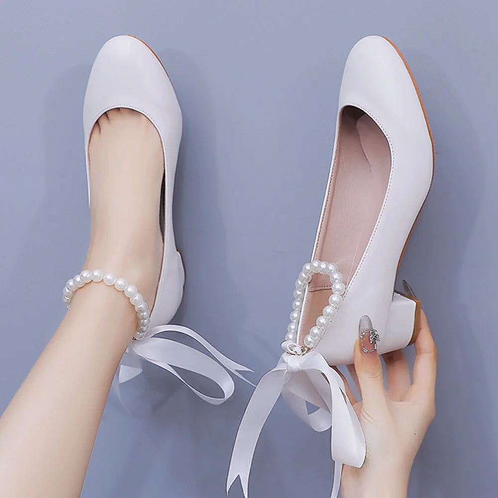 Breakj Breakj 3 Cm Square-Head Single Shoe With A Single Shoe Buckle Mary Jane White Shoes Beads Ribbon Wedding Shoes