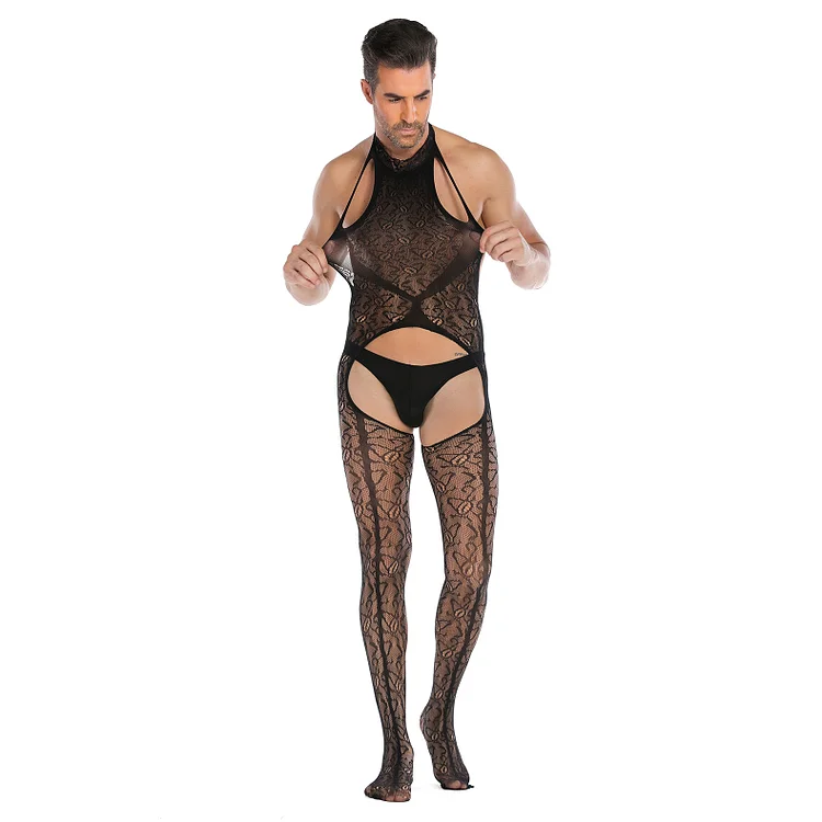 Men's Jacquard Sleeveless Open Back No-Release Bodysuit Sexy One-piece
