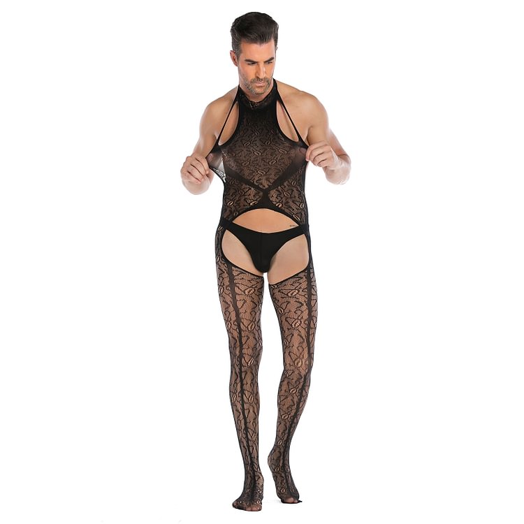 Men's Jacquard Sleeveless Open Back No-Release Bodysuit Sexy One-piece