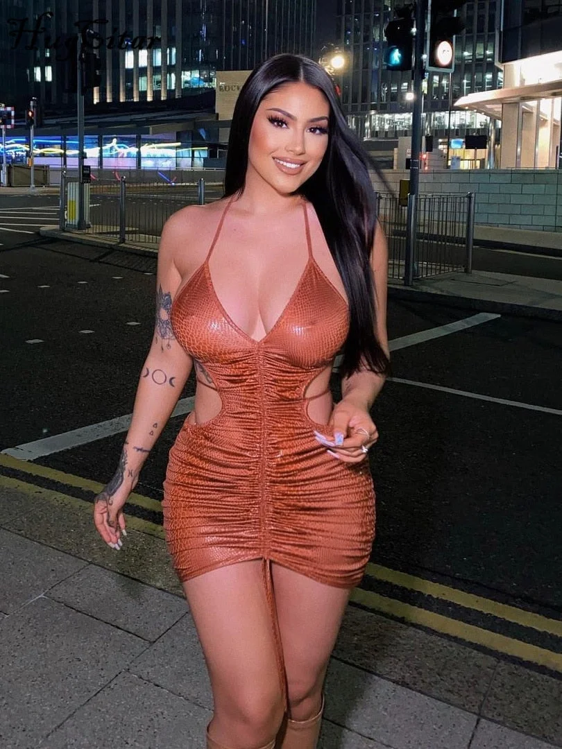 Hugcitar Solid Satin Sleeveless Backless Halter Slim Hollow Out Pleated Bodycon Sexy Mini Dress 2021 Fall Women Elegant Party