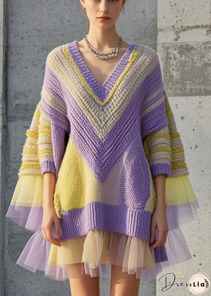 Original Design Purple Oversized Patchwork Knit Dress Fall