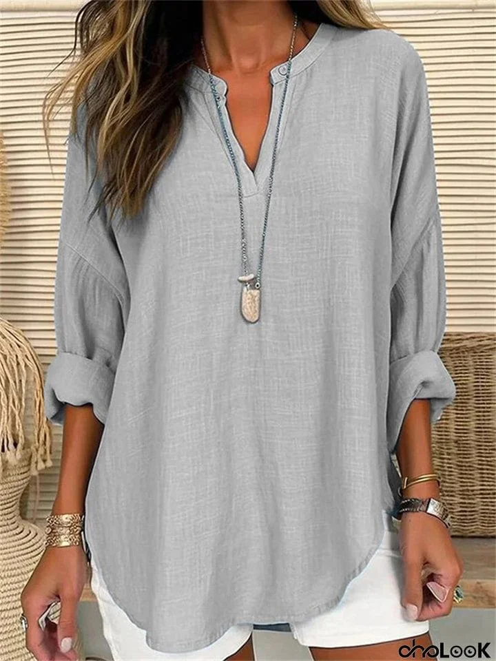 Women's Summer Vacation V Neck Linen Long Sleeve Shirt