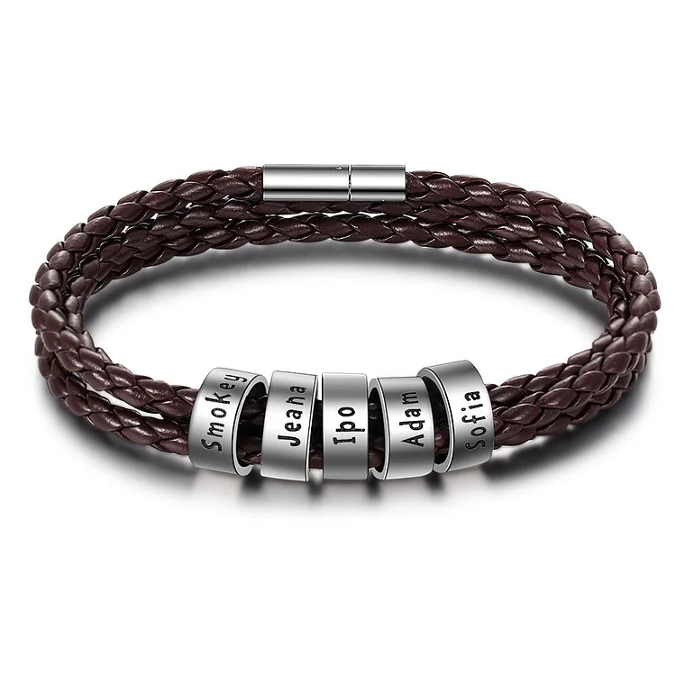 Personalized Mens Leather Braided Bracelet With 5 Sterling Silver Custom Beads Engarved 5 Family Names