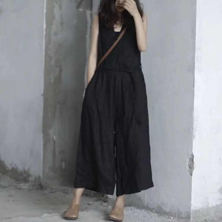 Casual Literary Solid Color Linen Jumpsuit