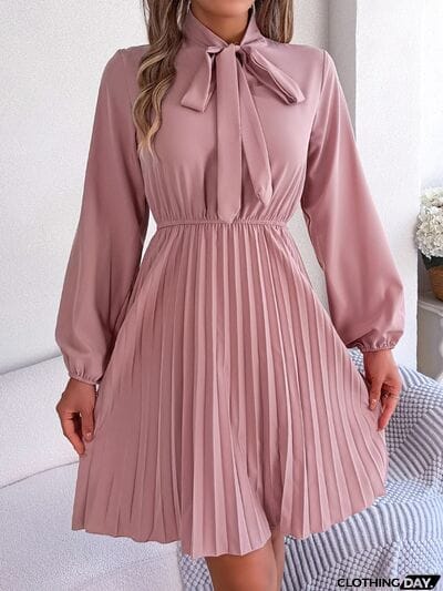 Tie Neck Balloon Sleeve Pleated Dress