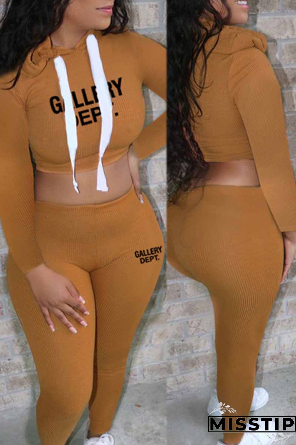 Brown Casual Print Letter Hooded Collar Long Sleeve Two Pieces