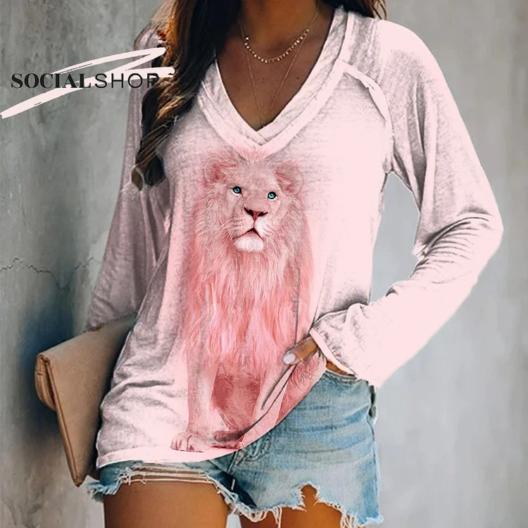 Dignified Pink Lion Artwork V-Neck Long Sleeve Blouse socialshop