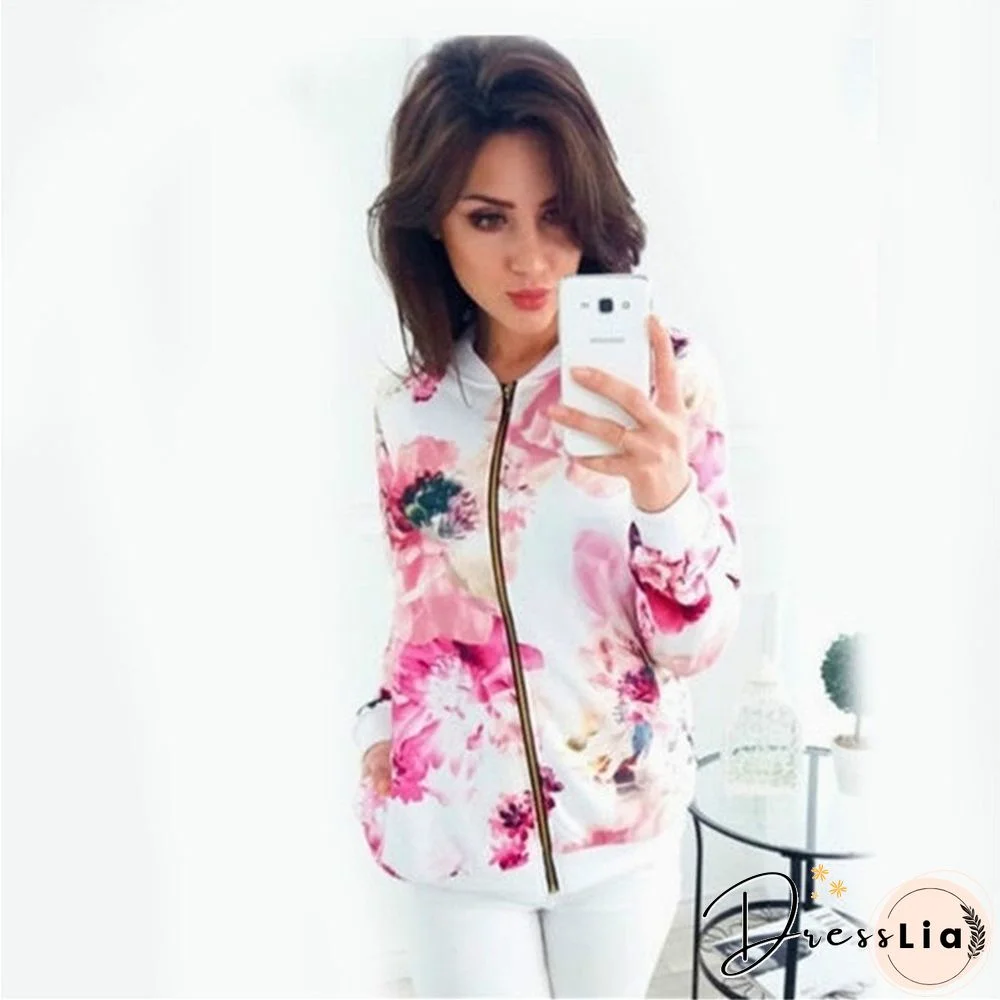 Women Retro Floral Printed Jackets Lightweight Long Sleeve Zipper Jacket Short Windbreaker Coats Biker Jackets Spring Outwear