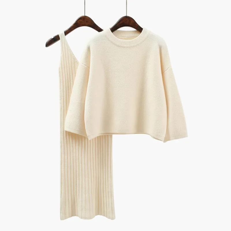 Two Pieces Suit Women Sweater Dress Set Spring Winter O Neck Loose Sweaters And Knitted Vest Dress Female Jumper Sweater Dress