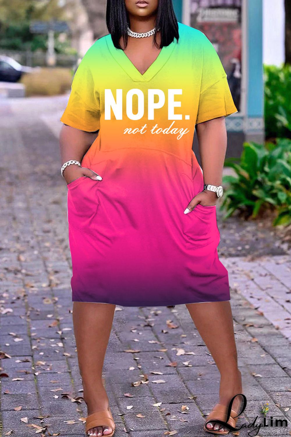 Sky Blue Casual Print Basic V Neck Short Sleeve Dress