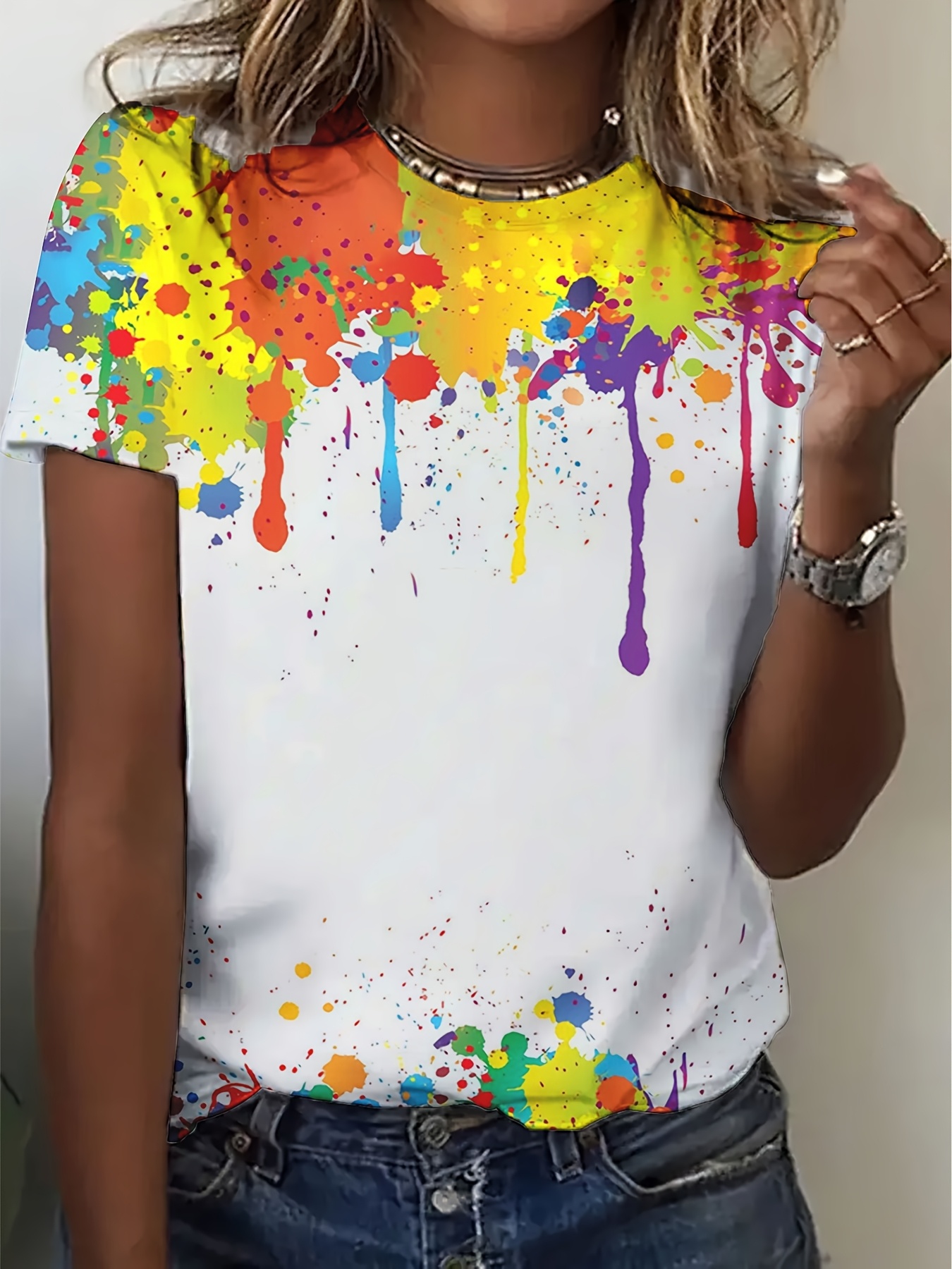 Women's 3d Printed Geometric Paint Splatter T-Shirt - Slim Fit Casual Short Sleeve Round Neck Top, Machine Washable Lightweight Summer Tee For Spring & Summer, Ladies T Shirts, Casual Attire, Comfortable Fabric | IFYHOME