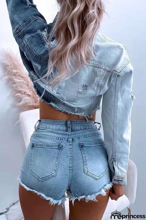 Ripped Color Block Denim Crop Jackets