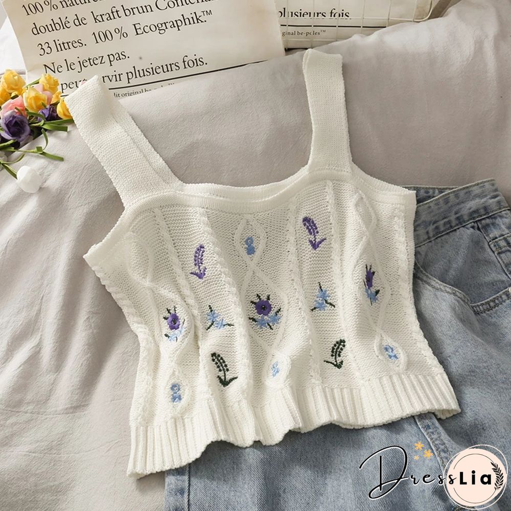 Women Knitted Crop Camis Top Ladies Floral Embroidery Knitted Short Vest Summer Sweater Vintage Tank Crop Camis Top