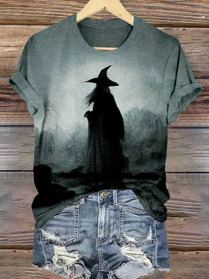 Women's Dark Witch Halloween Print T-Shirt