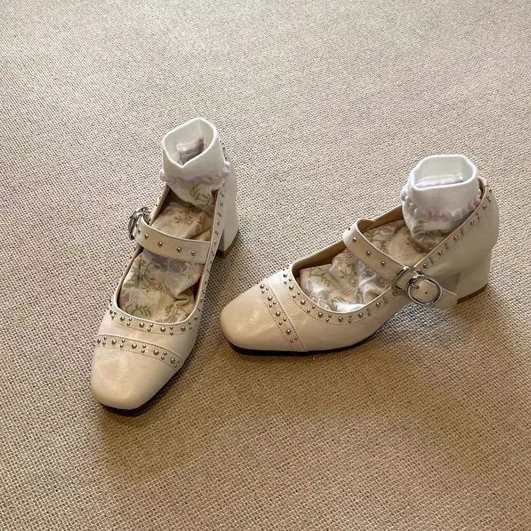 Tanguoant Tanguoant French Good Rivet Commuting Shallow Single Shoes Women's Thick Heel Retro One Word Belt Mary Jane Shoes