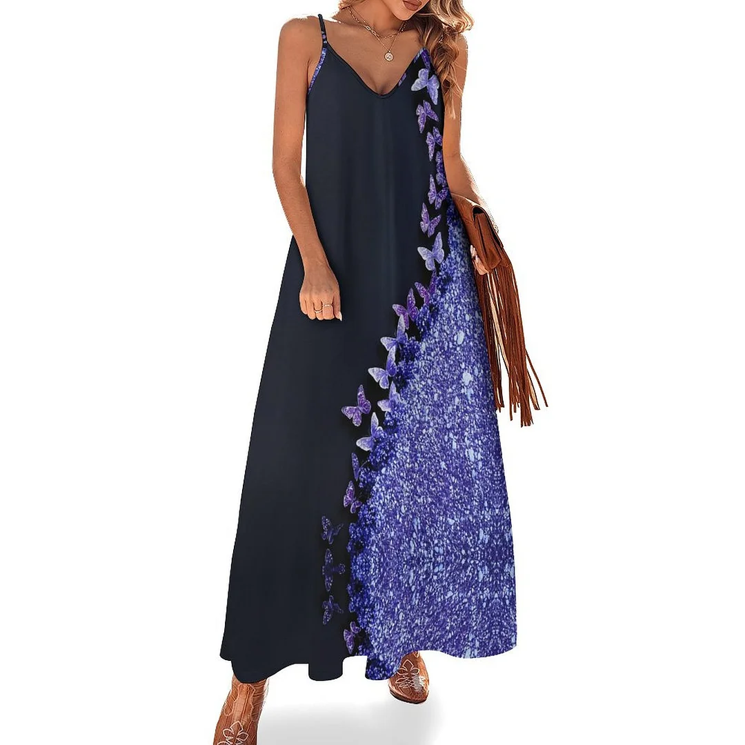 Style & Comfort for Mature Women Plus Size Printed Sling Casual Women Maxi Dress in Pattern Purple, Butterfly, Glitter