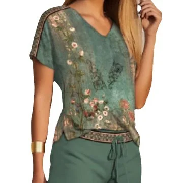 Brownm Brownm Summer Women's Casual Fashion Print Comfortable V-Neck Top Shorts Two-Piece Set