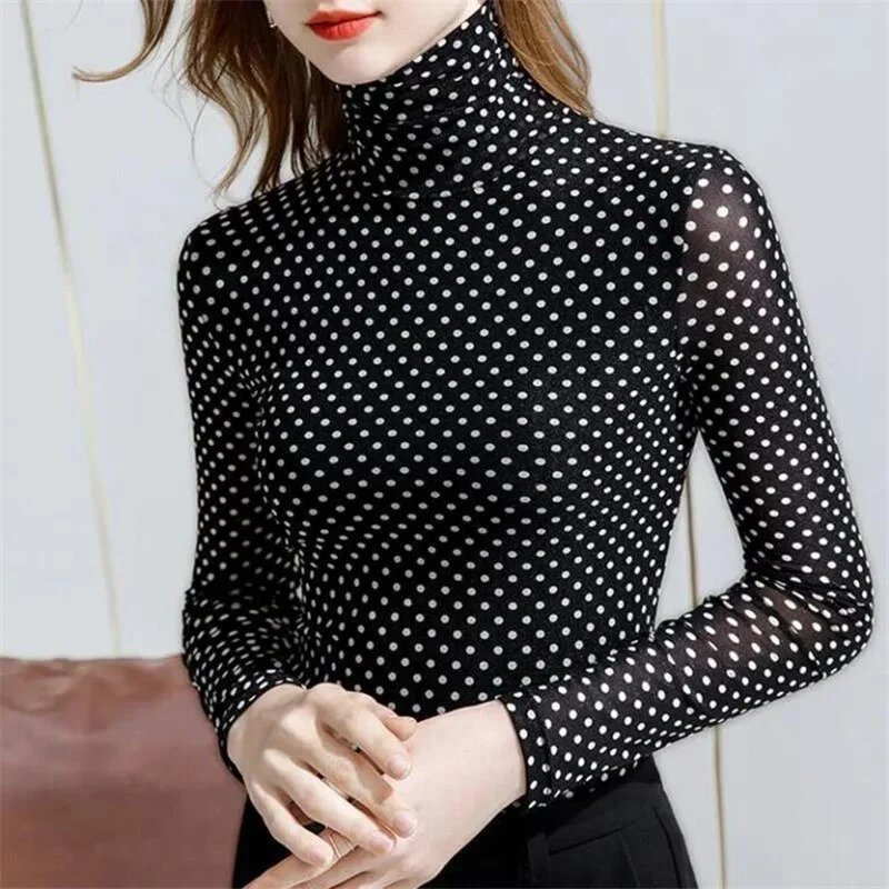 Fashion High-neck T-shirt Women Mesh Bottoming Top Thin Autumn Clothes Perspective Inner Long-sleeved Pullover Tee Female Tshirt