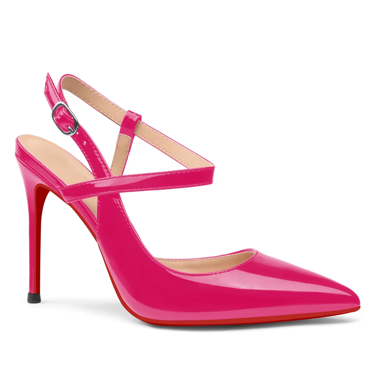100mm Women Slingback Patent Pumps Ankle Strap Jenlove Stiletto Mid Heel Close Pointed Toe Dress Red Bottoms Shoes