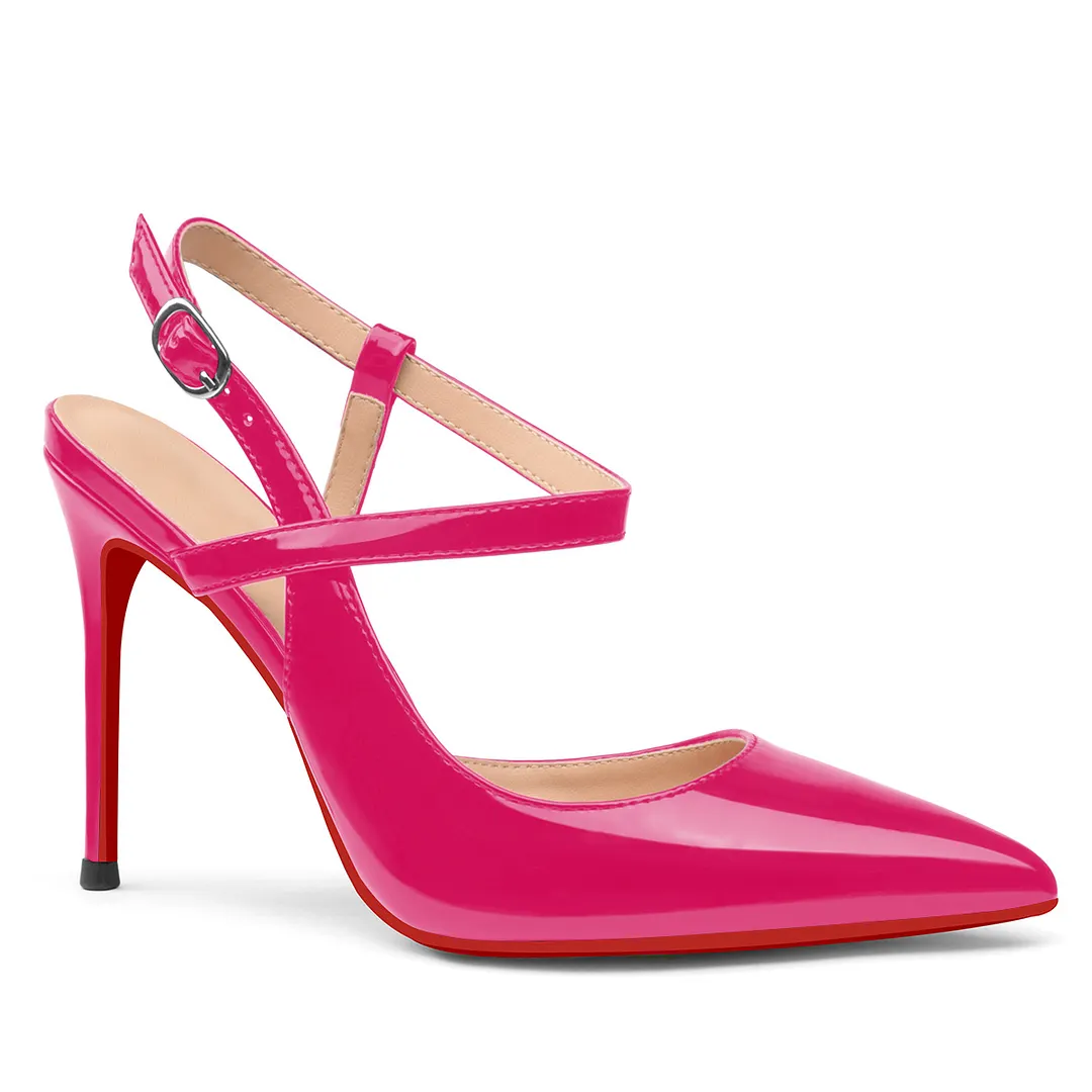 100mm Women Slingback Patent Pumps Ankle Strap Jenlove Stiletto Mid Heel Close Pointed Toe Dress Red Bottoms Shoes