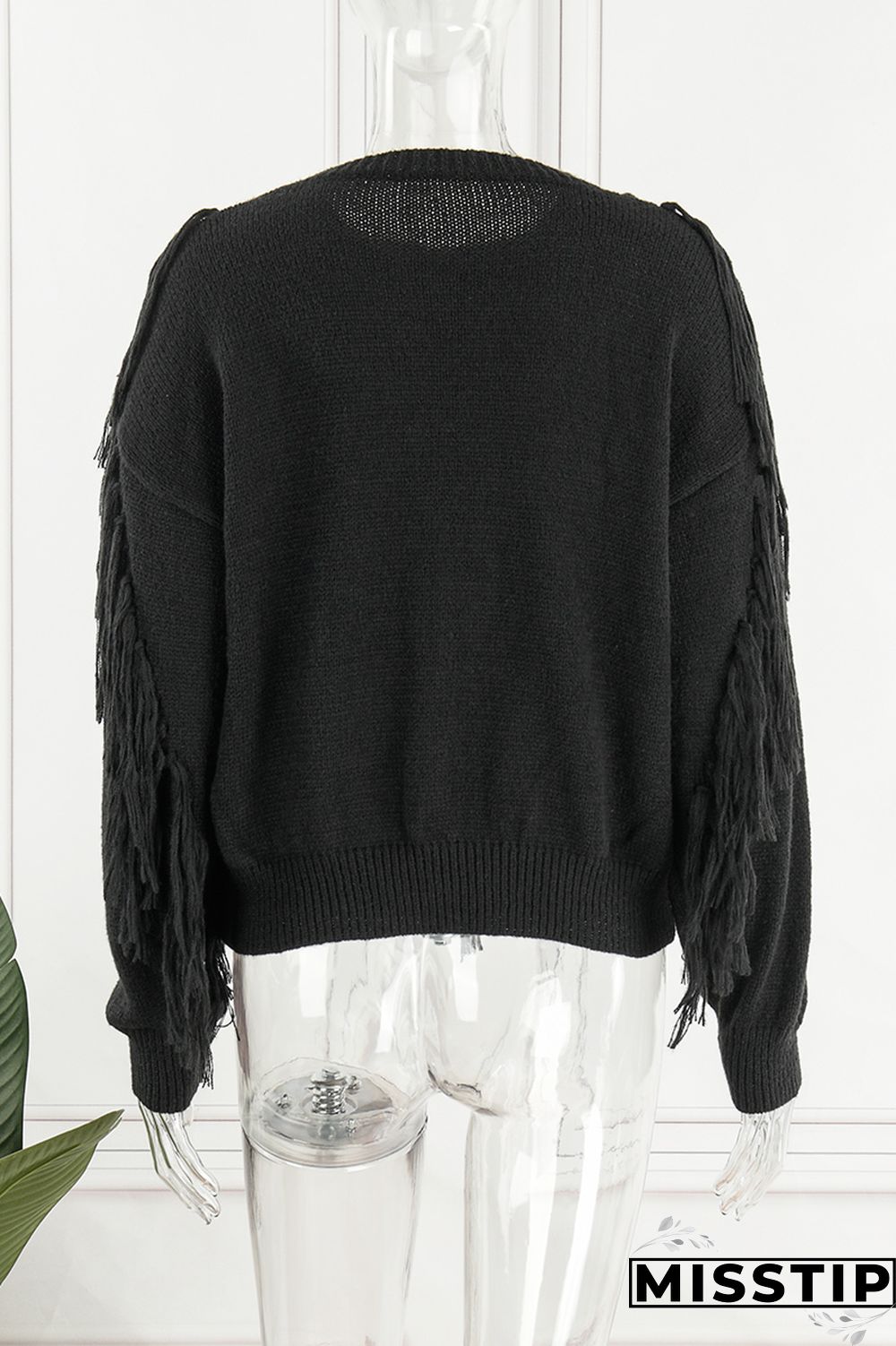 Black Casual Solid Tassel O Neck Tops