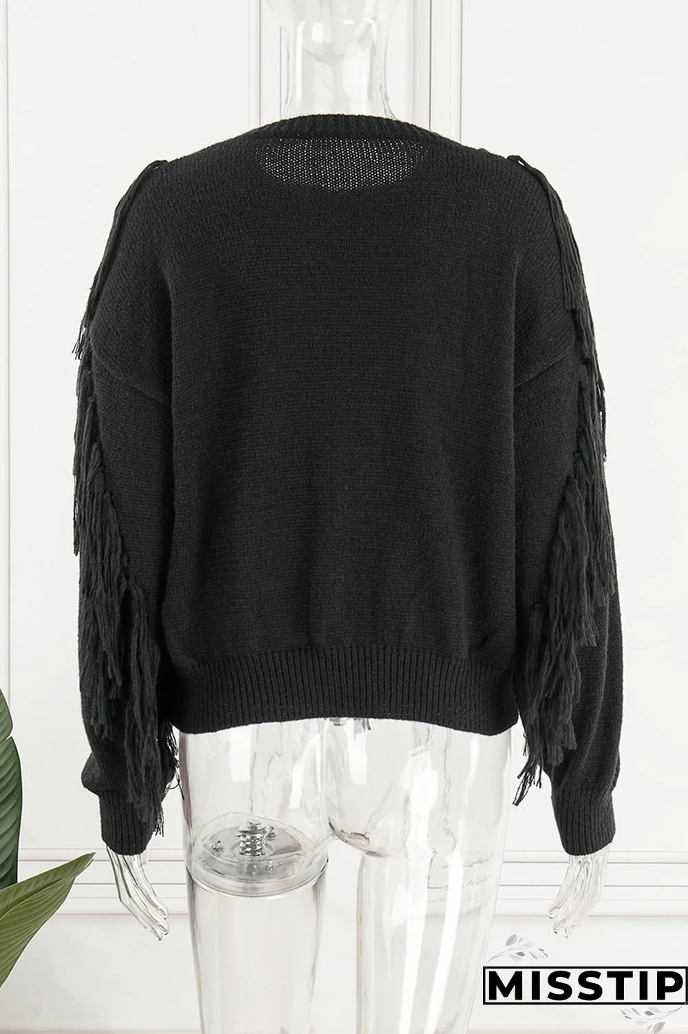 Black Casual Solid Tassel O Neck Tops
