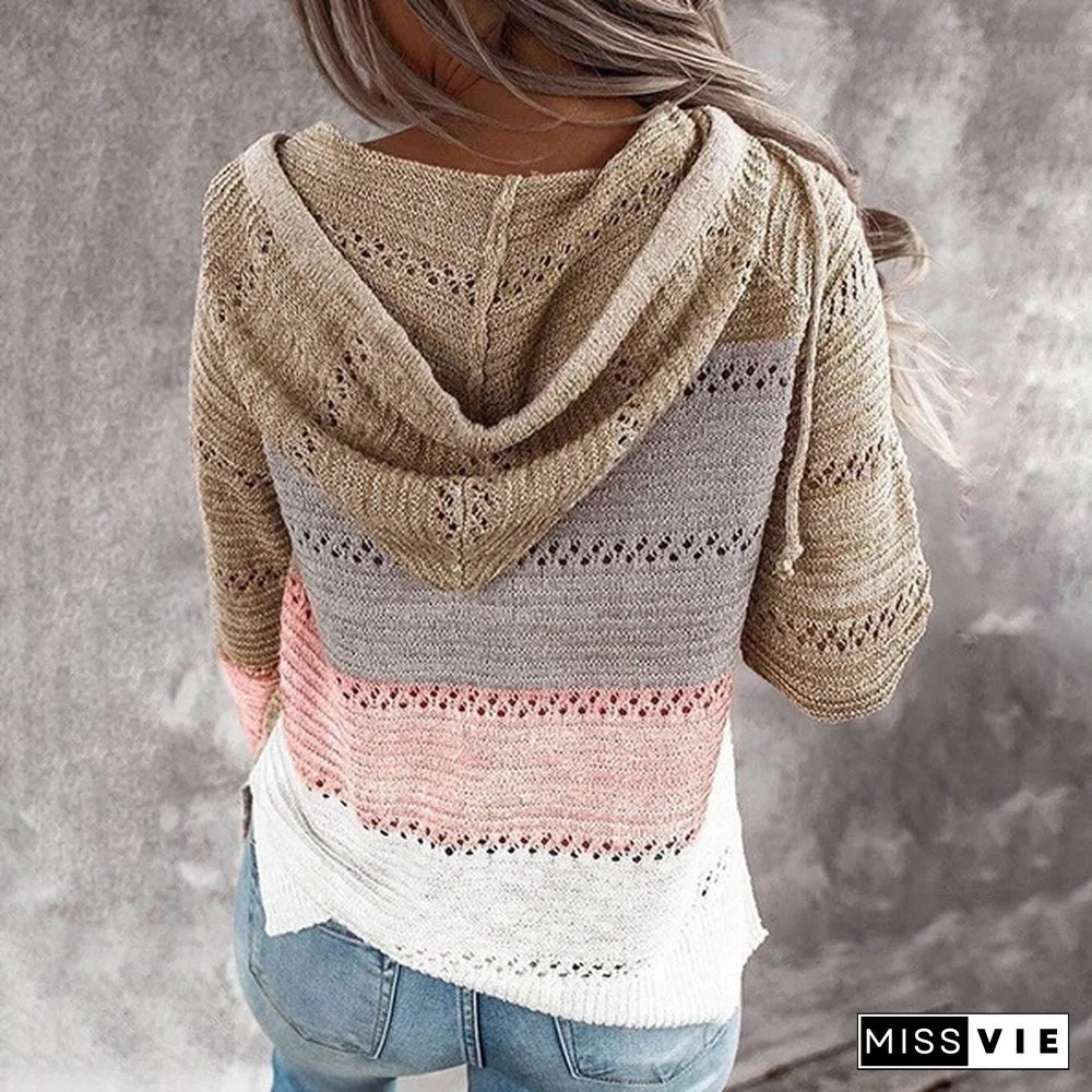 New Fashion Stitching V-neck Hooded Sweaters for Women Autumn Hollow-out Knitted Sweater Color Block Pullover Hoodies Coat