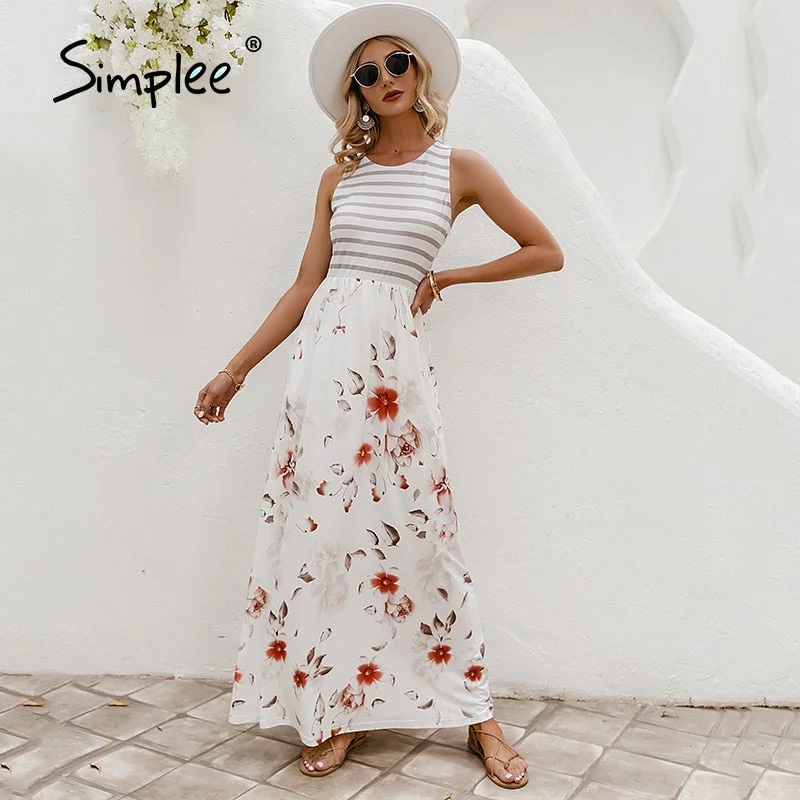 Simplee Floral print stripe summer dress women Bohemian fashion elegant midi dresses Casual spring stitching lady's Dress