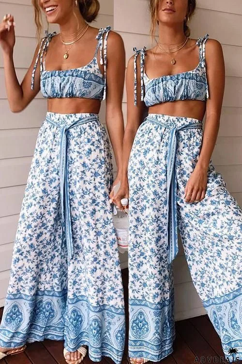 Off Shoulder Floral Print Knot Pants Set