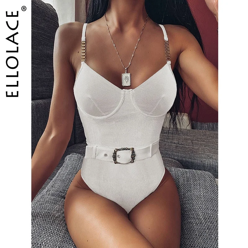 Ellolace One Piece Swimsuit Women Bikini Ribbed Bodycon Bodysuit Bathing Suit 2020 Women's Swimsuit Swimwear 6 Color Biquini