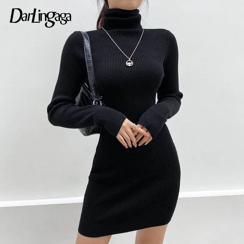 Darlingaga Solid Long Sleeve Knitted Bodycon Autumn Winter Dress Women Mini Casual Basic Slim Turtleneck Dresses Black Vestidos