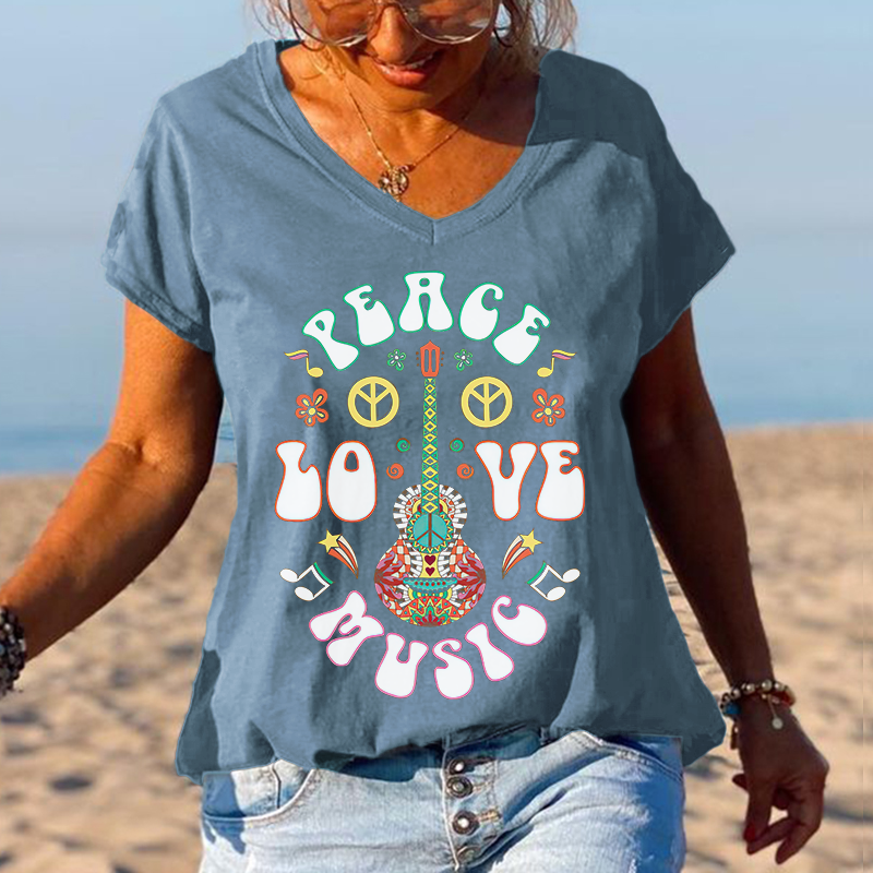Peace Love Music Guitar Printed Hippie Oversize Women's T-shirt