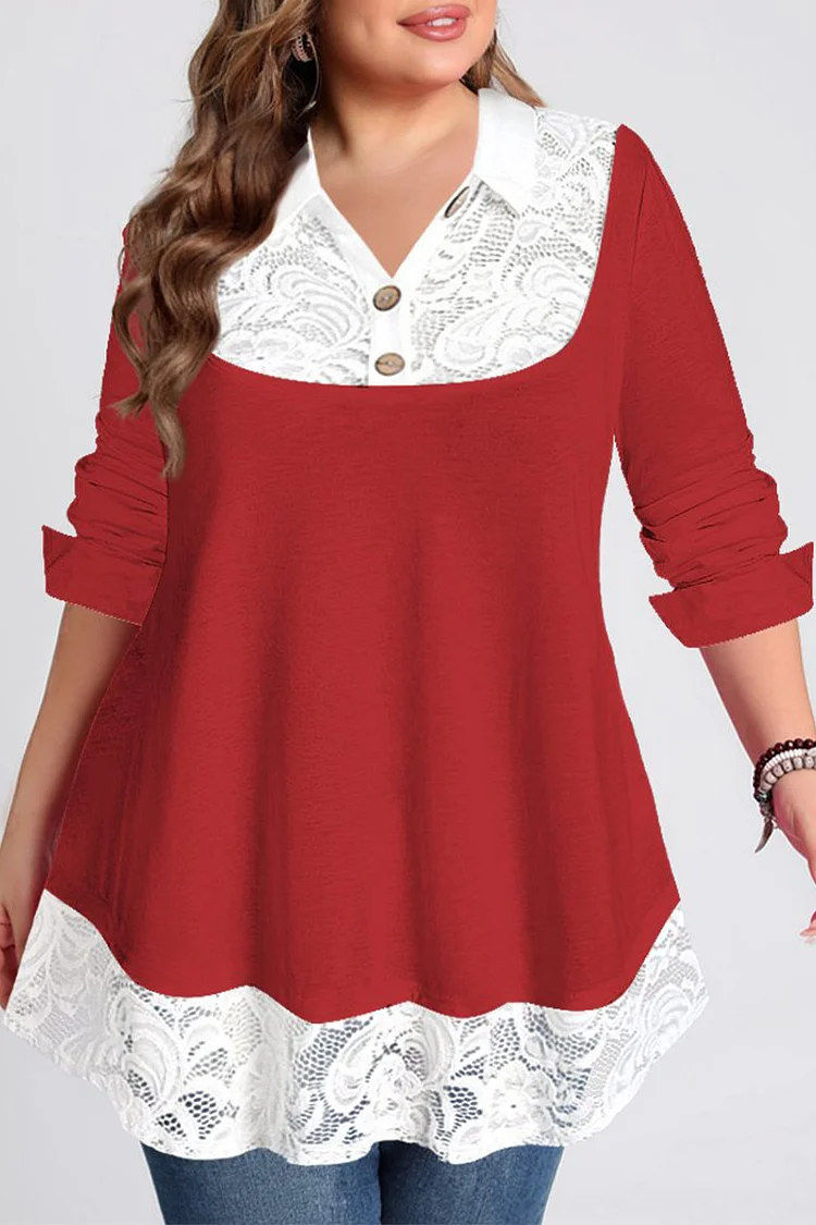 Flycurvy Plus Size Casual Red Lace Stitching Shirt Collar Buttons Blouses  Flycurvy [product_label]