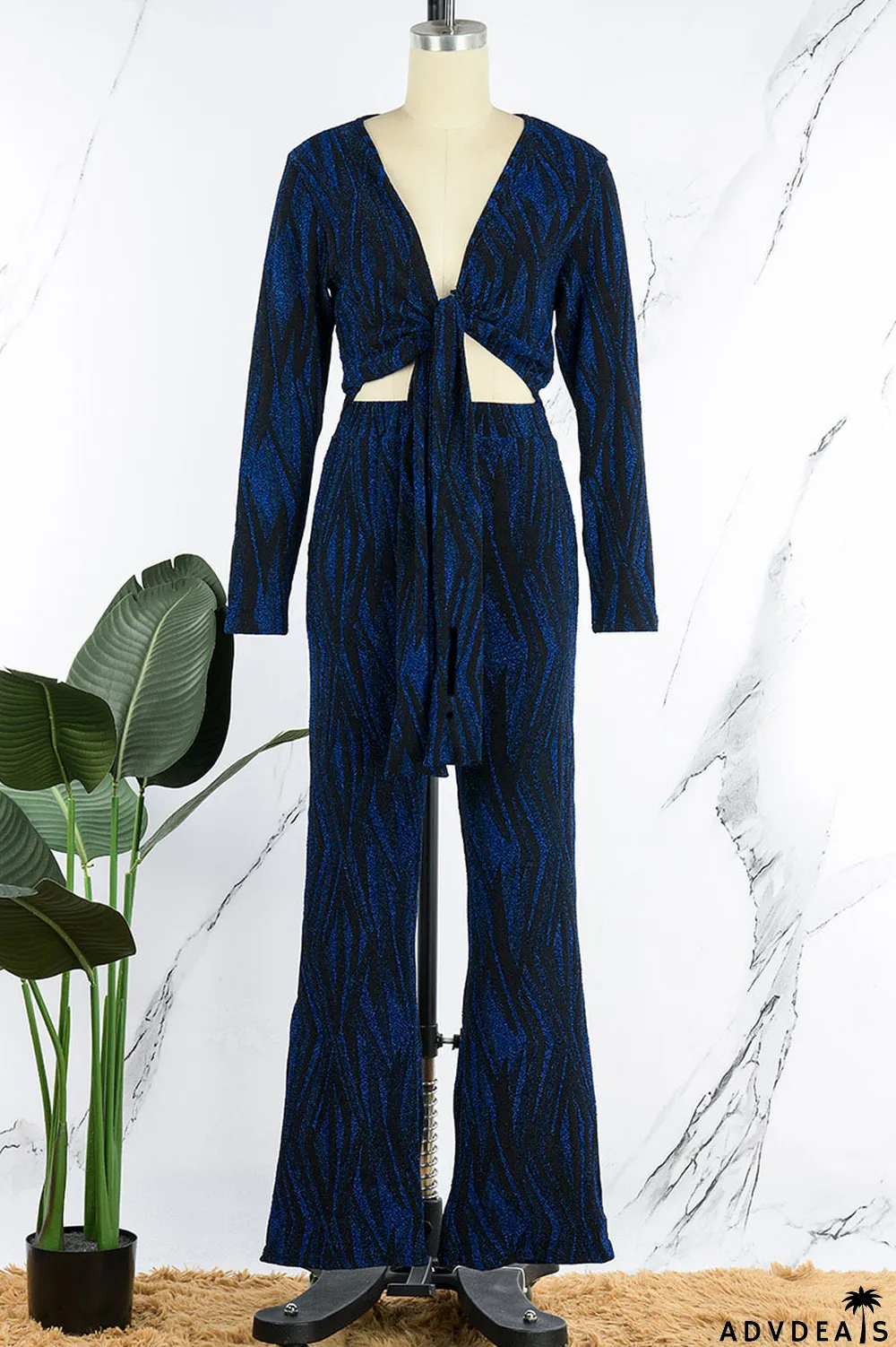 Black Sexy Print Bandage Patchwork V Neck Long Sleeve Two Pieces