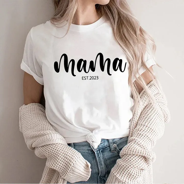 Personalised Chest Text Customization Mama Est Year T-shirt, with Children's Names on the Sleeve, Mother's Day Gift