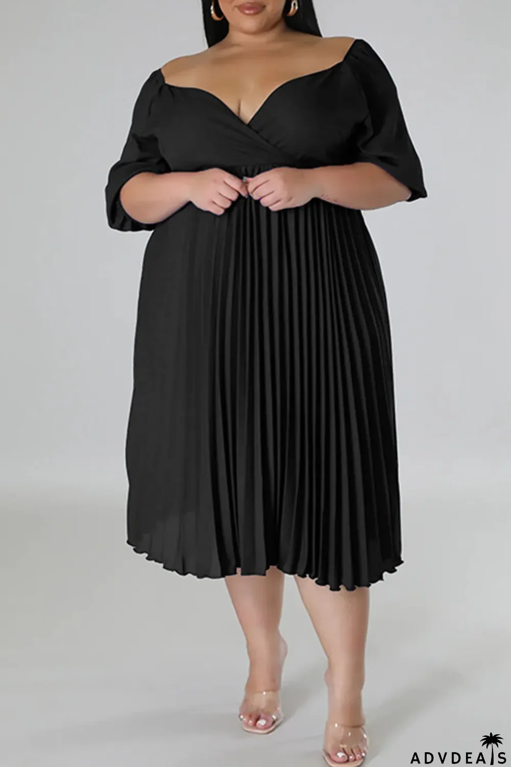 Rose Red Casual Solid Patchwork Fold V Neck Straight Plus Size Dresses