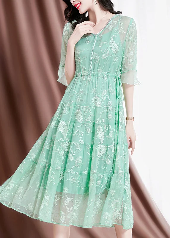 Women Green V Neck Embroideried Drawstring Silk Vacation Dresses Flare Sleeve