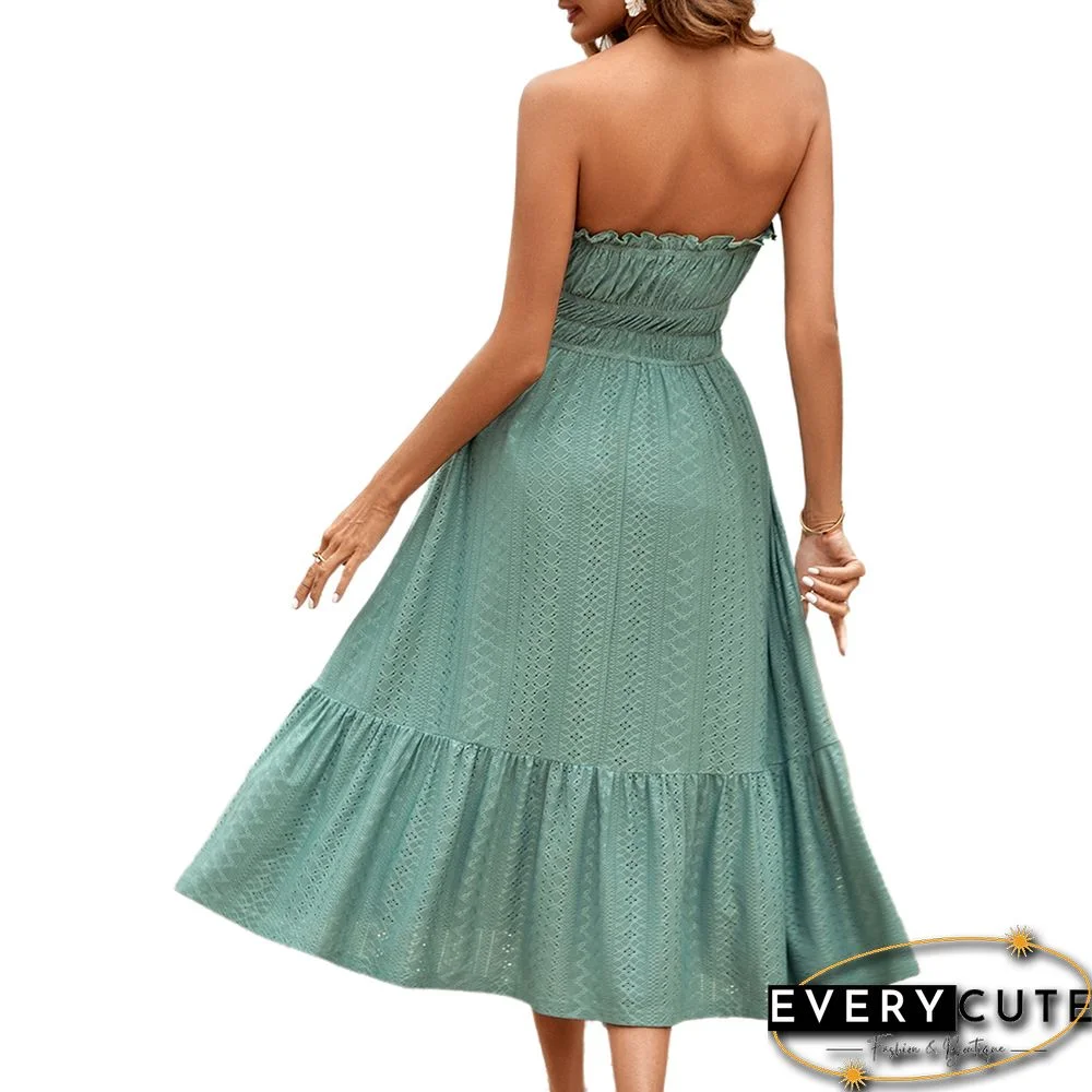 Pea Green Slim Waist Strapless Midi Dress