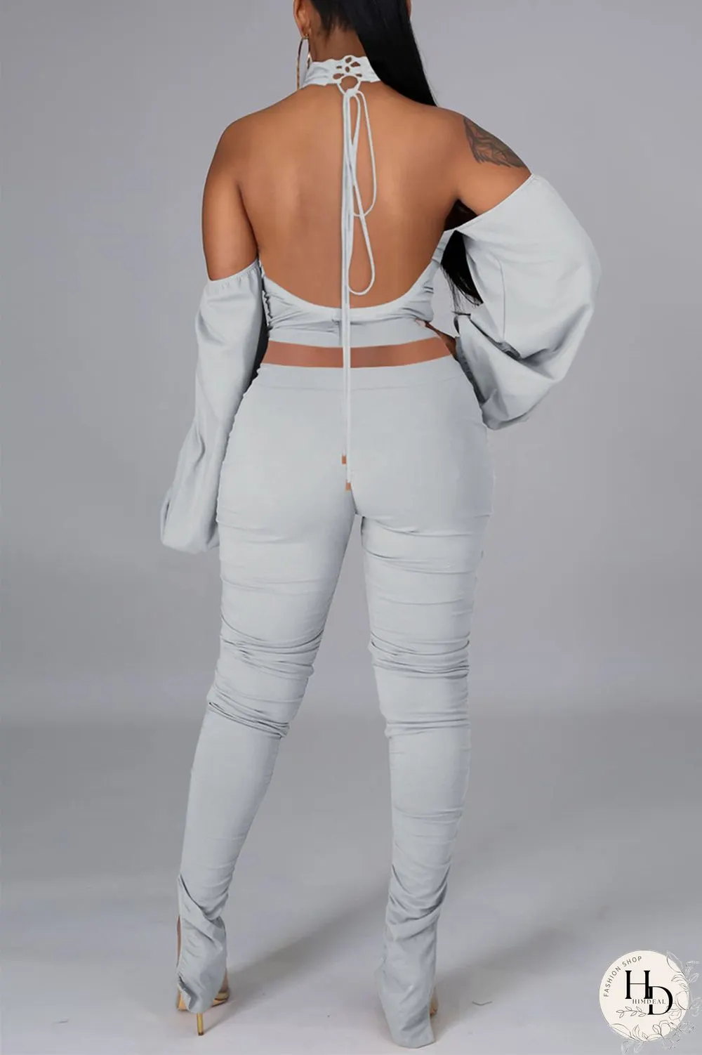 Pink Sexy Solid Bandage Backless Fold Turtleneck Long Sleeve Two Pieces