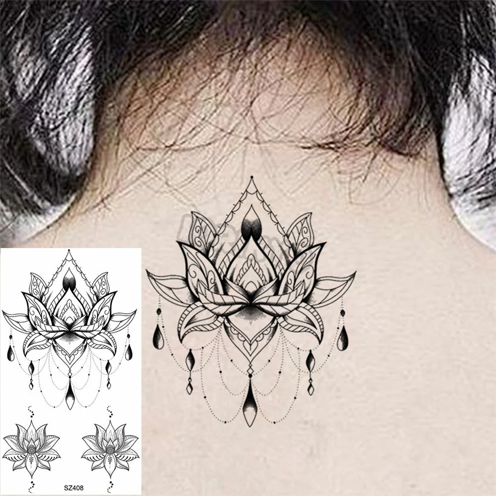 Black Pencil Sketch Henna Lotus Temporary Tattoos For Women Girls Realistic Planet Dandelion Fake Tattoo Sticker Back Arm Tatoos