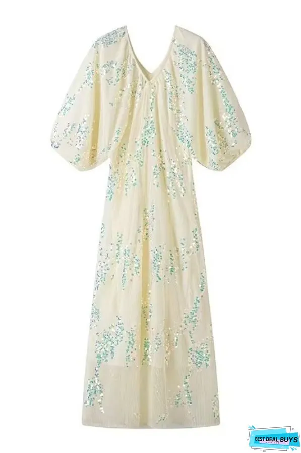 Batwing Sleeve Sequined Deep V Neck Long Dress