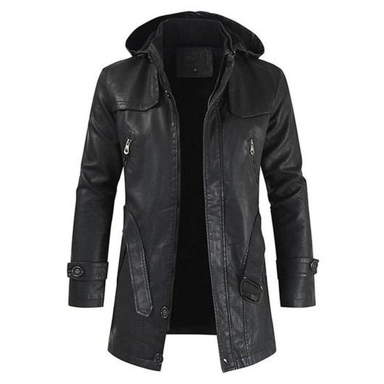 Hooded Mid-Length Plain Fashion Men's Leather Jacket