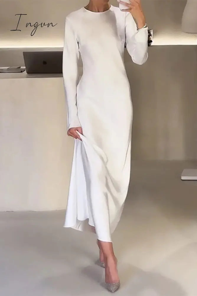 Ingvn - Elegant Solid O Neck A Line Dresses White / S Dresses/Long Sleeve