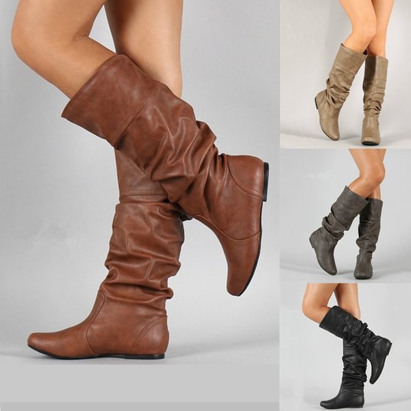 Women Fashion Casual Flat Heel Solid Color Long Boots Ladies Pointed Toe Knee High Artificial Leather Boots - Shop Trendy Women's Clothing | LoverChic