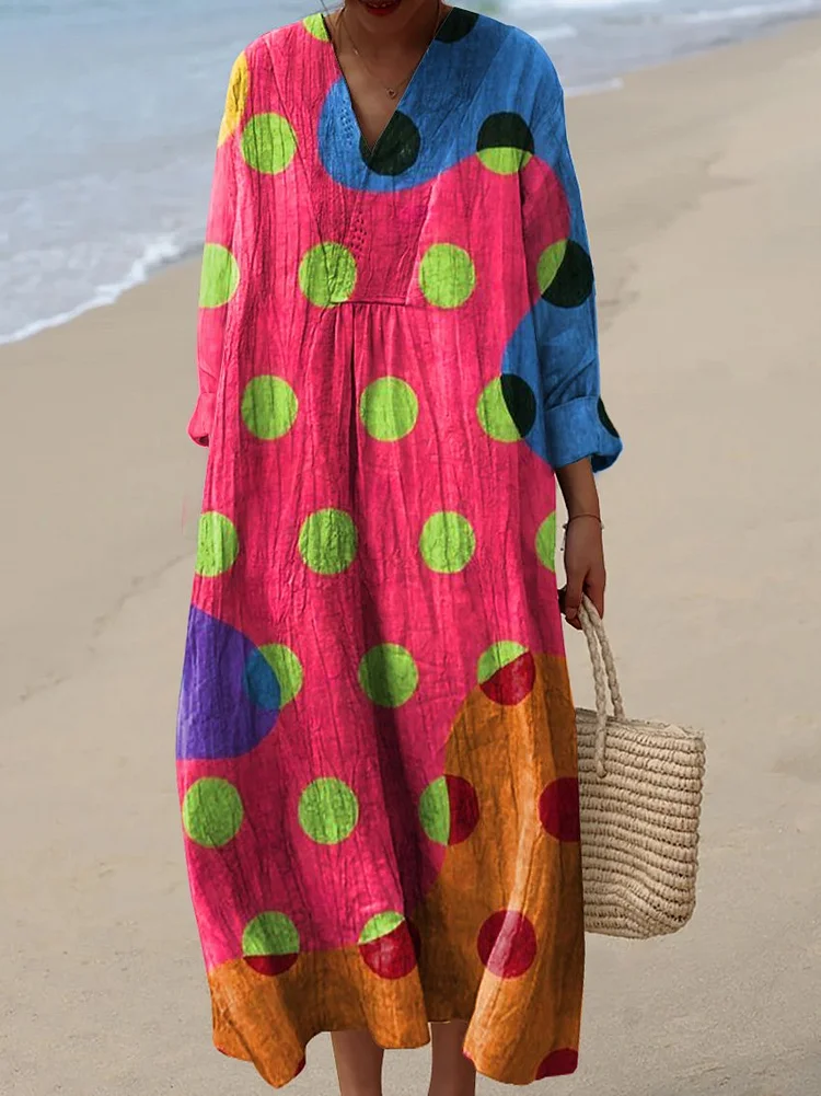 Women's Color-block Dots Watercolor Splash Fluid Art Print Flowy Dress