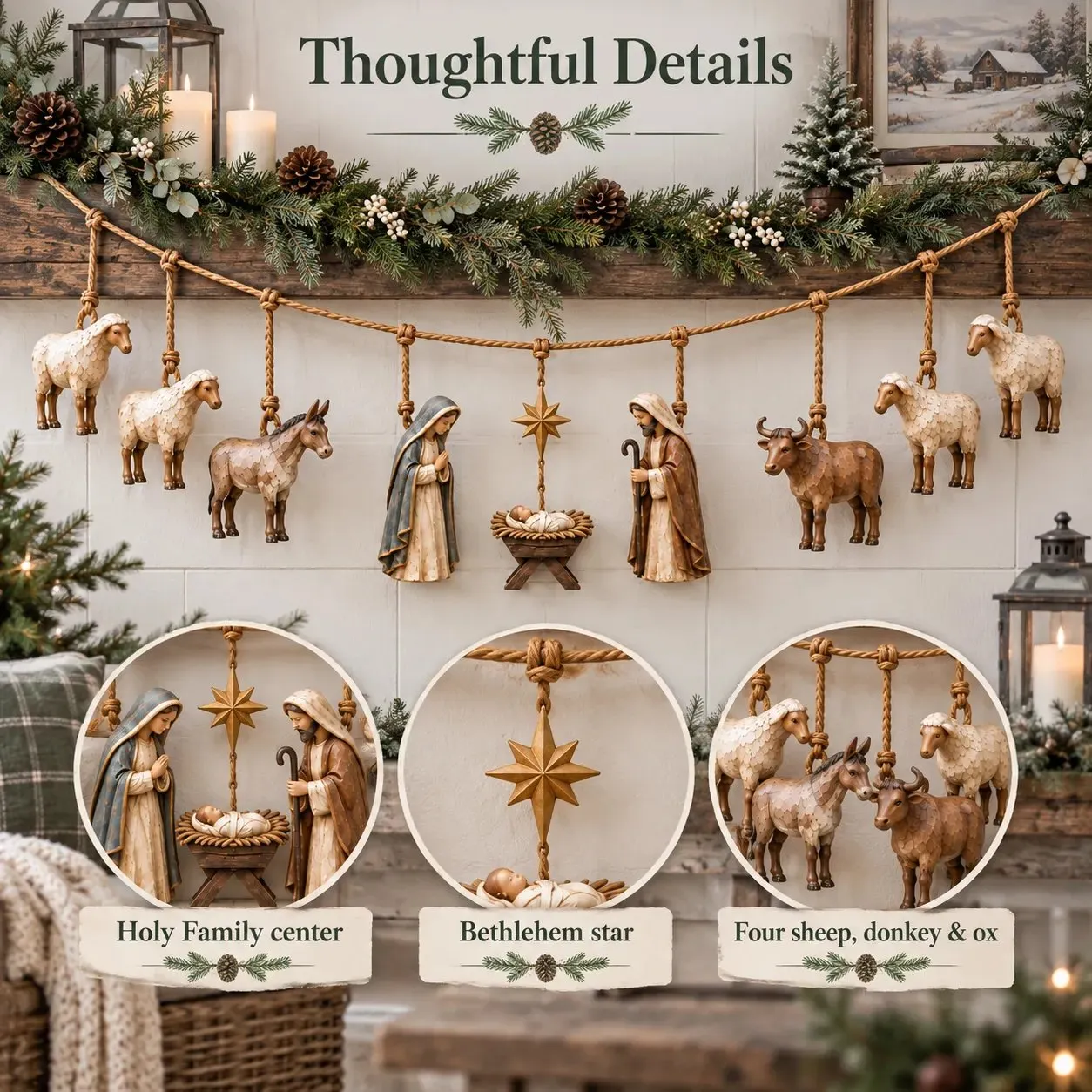 Complete wooden Nativity scene with Holy Family sheep donkey and ox