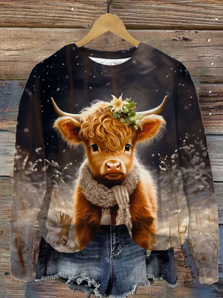 Women's  Poinsettia Baby Highland Cow Long Sleeve Top socialshop