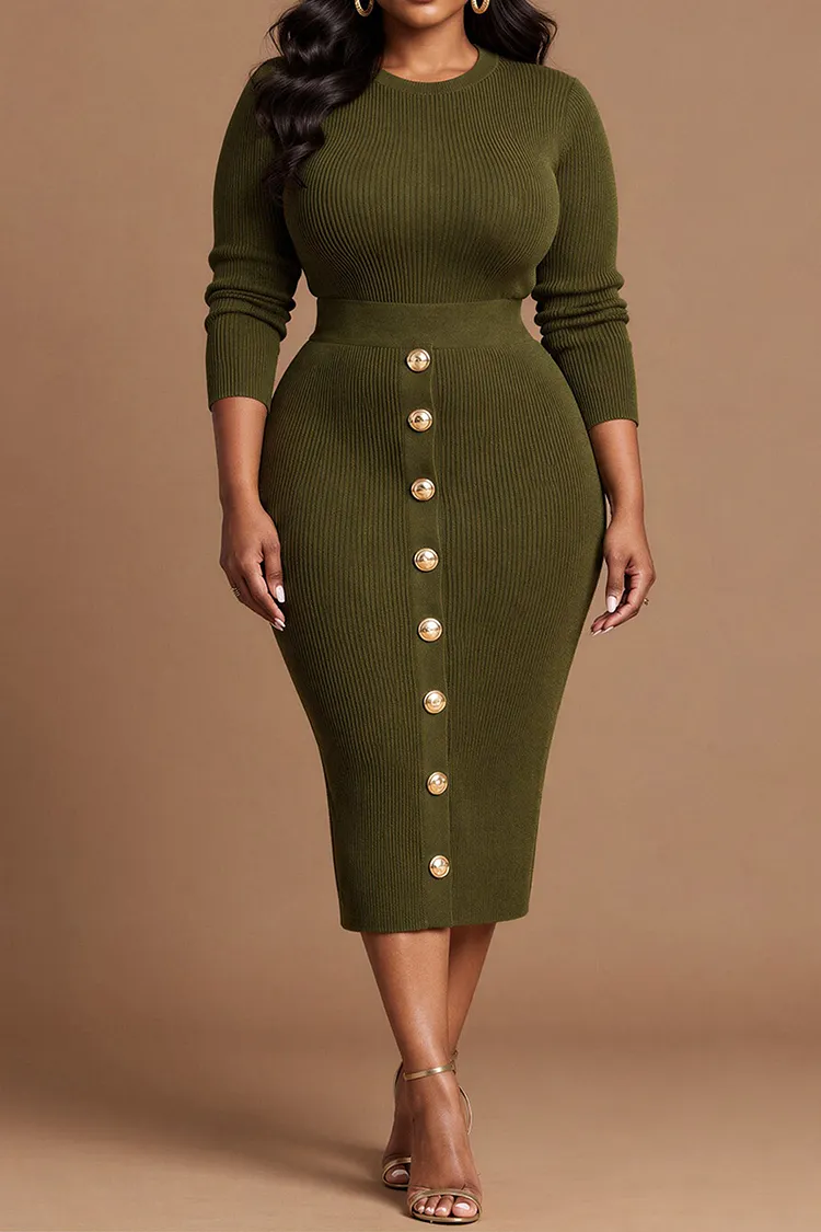 Xpluswear Design Plus Size Business Casual Green Round Neck Long Sleeve Button Bodycon Rib Knit Two Piece Skirt Sets [Pre-Order]