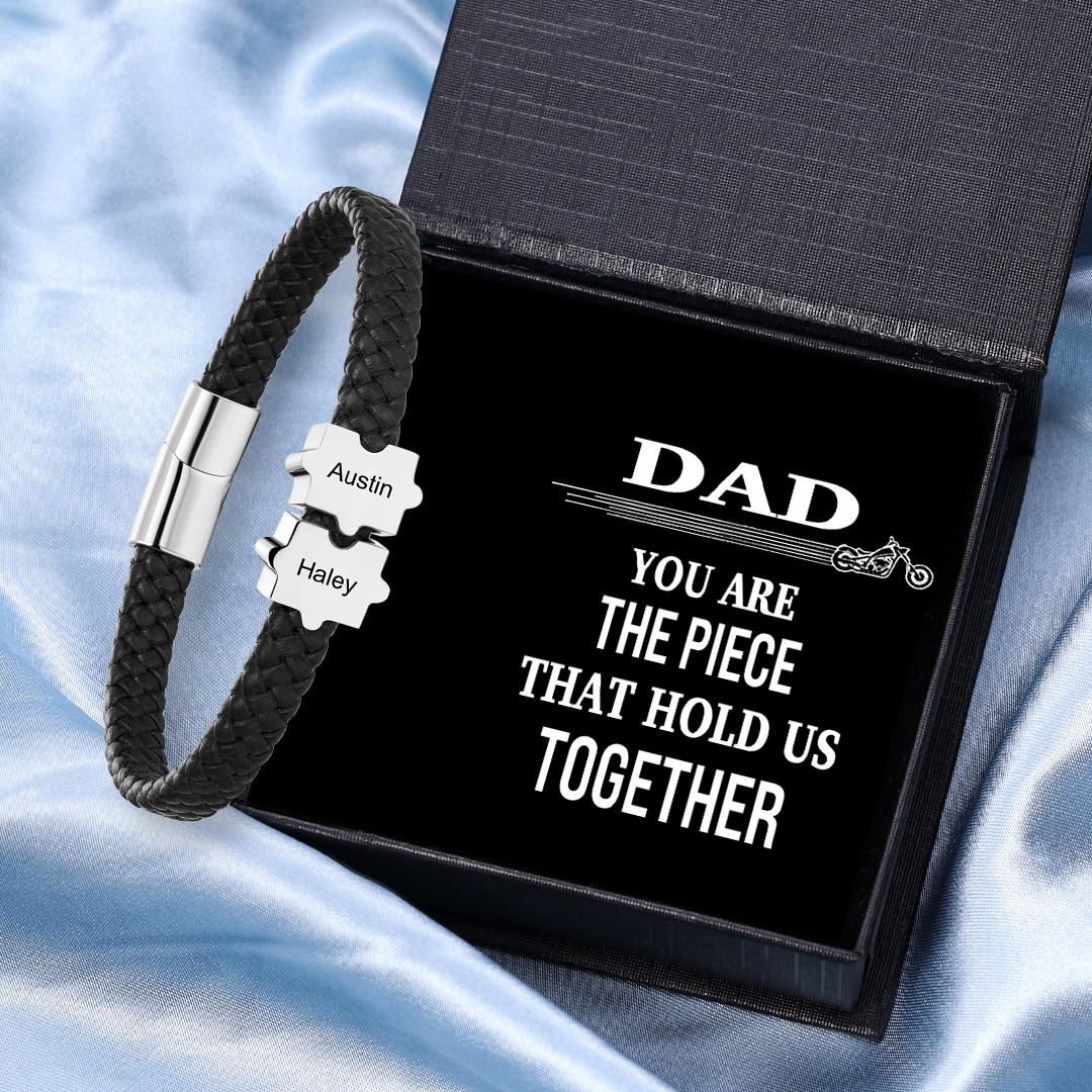 Custom Family Puzzle Bracelet Engrave 2 Names Leather Bracelet Father's Day Gifts for Dad-Jessemade AU